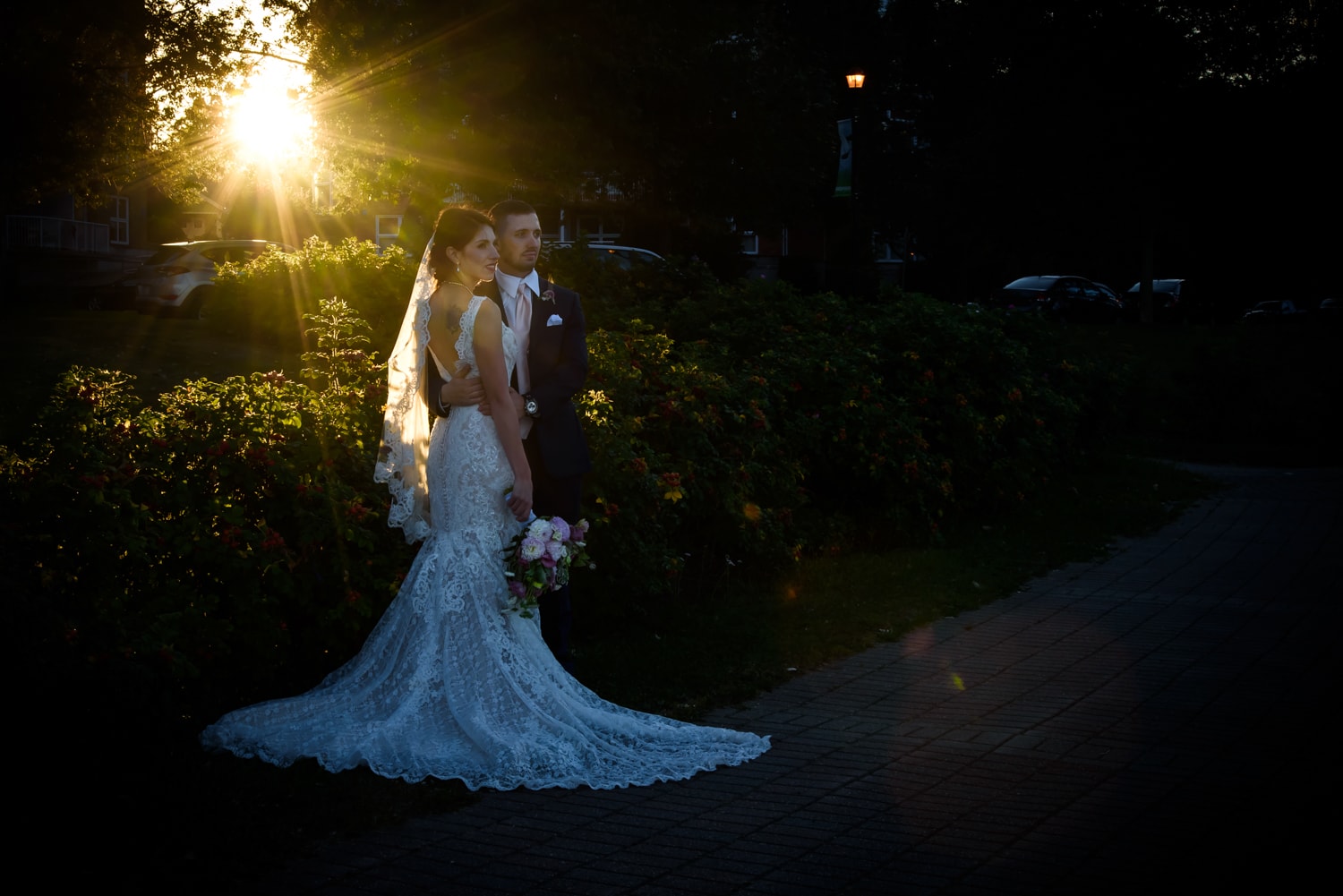 Wedding photography with the bride and groom at sunset in DeWolfe park Halifax.
