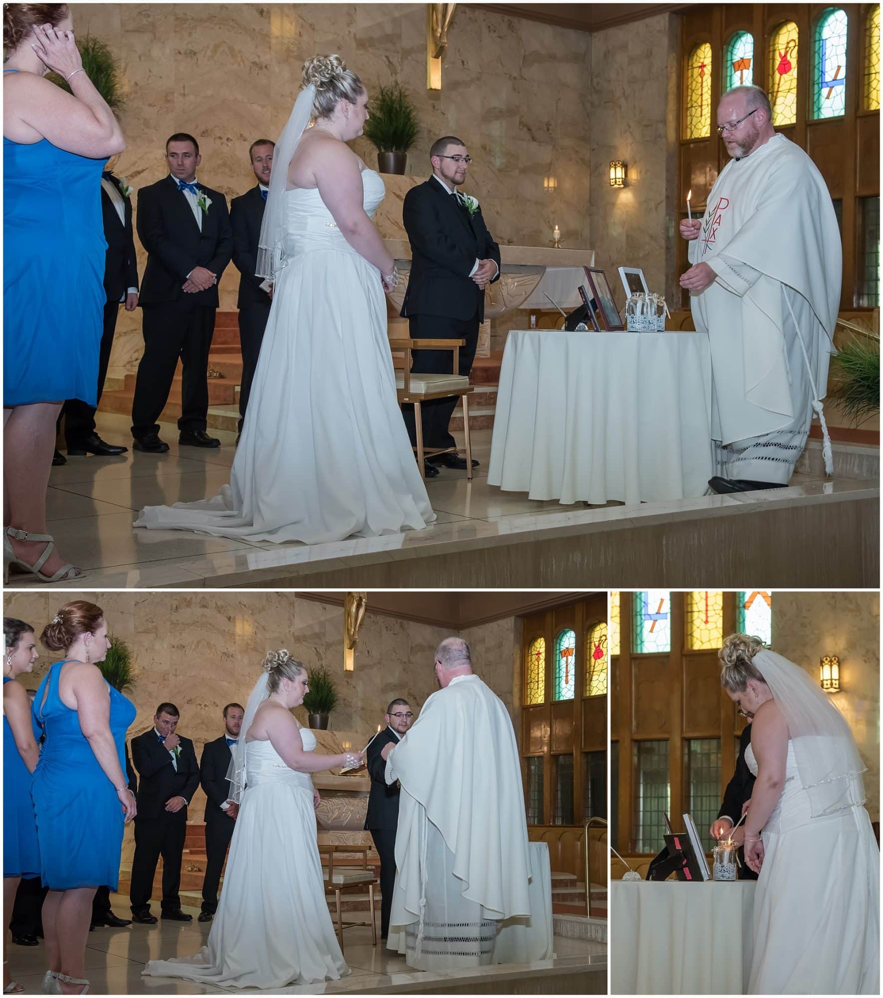 The bride and groom light the unity candle during their wedding ceremony at a church in Halifax NS.