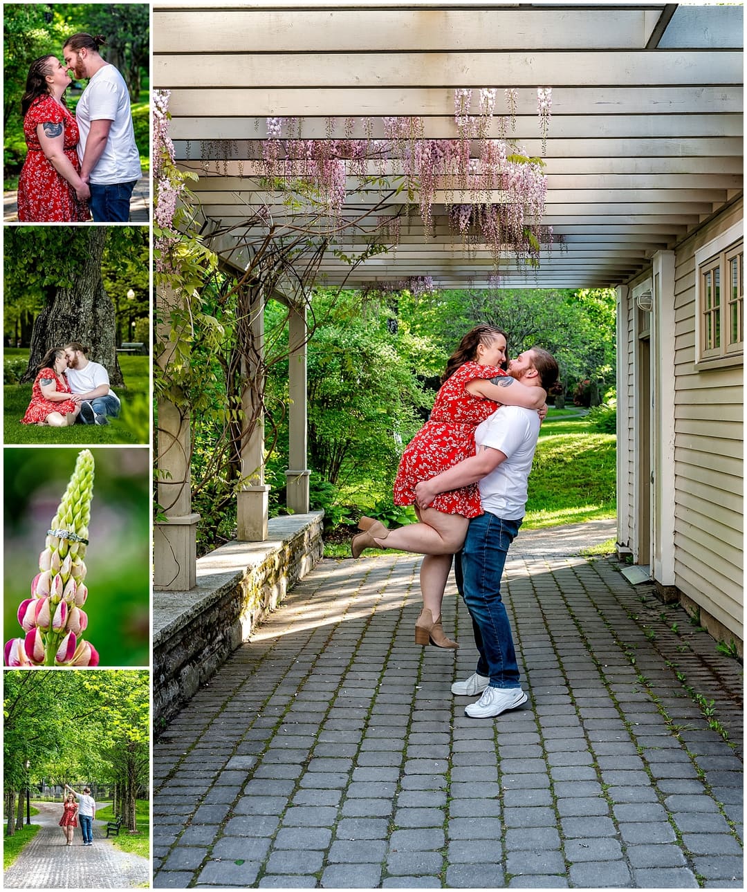 A cute couple pose for their engagement photos at the Public Gardens in Halifax NS.