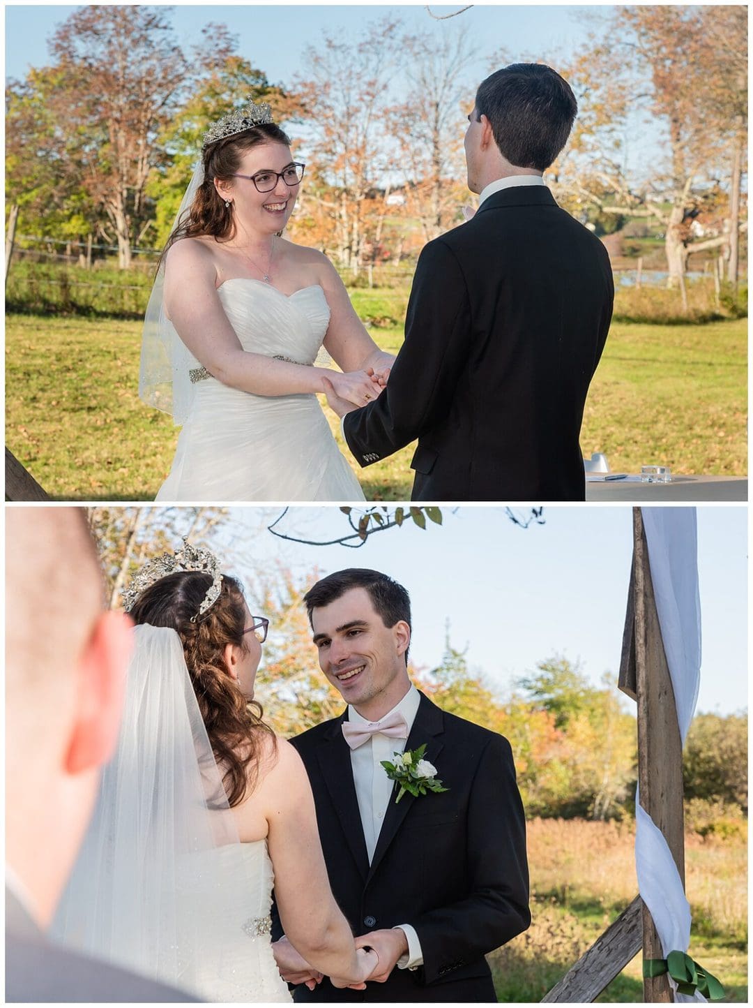 A bride and groom smile at each other during their wedding ceremony at the Kinley Farm in Lunenburg NS.