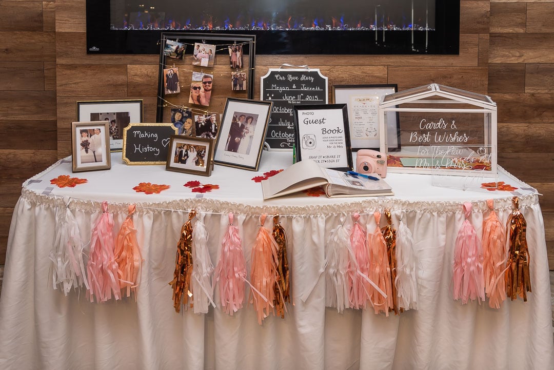 A gift table set up at a wedding reception at the Bedford Basin Farmer's Market in Halifax, NS.