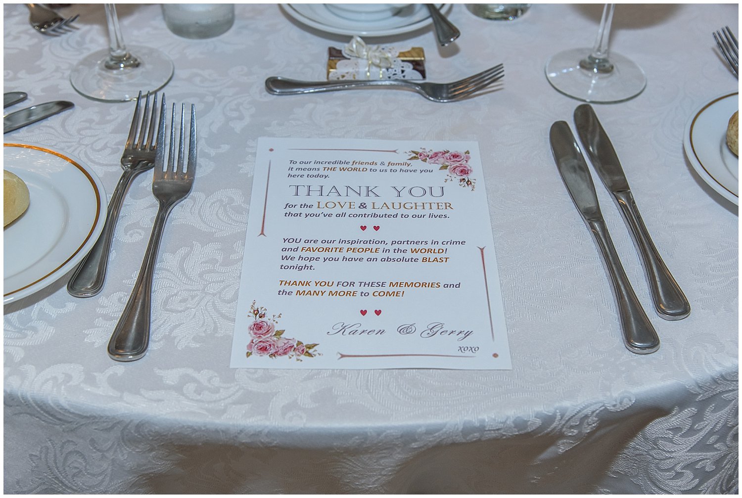 The place setting at a wedding prepared by the day of coordinator at the Lord Nelson Hotel in Halifax, NS.