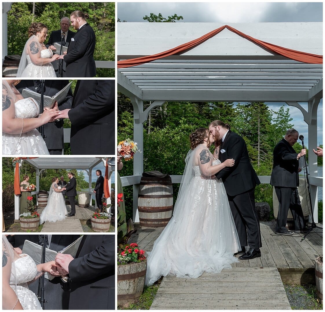 The bride and groom exchange wedding rings then their first kiss during their ceremony at Hatfield Farm in Halifax, NS.