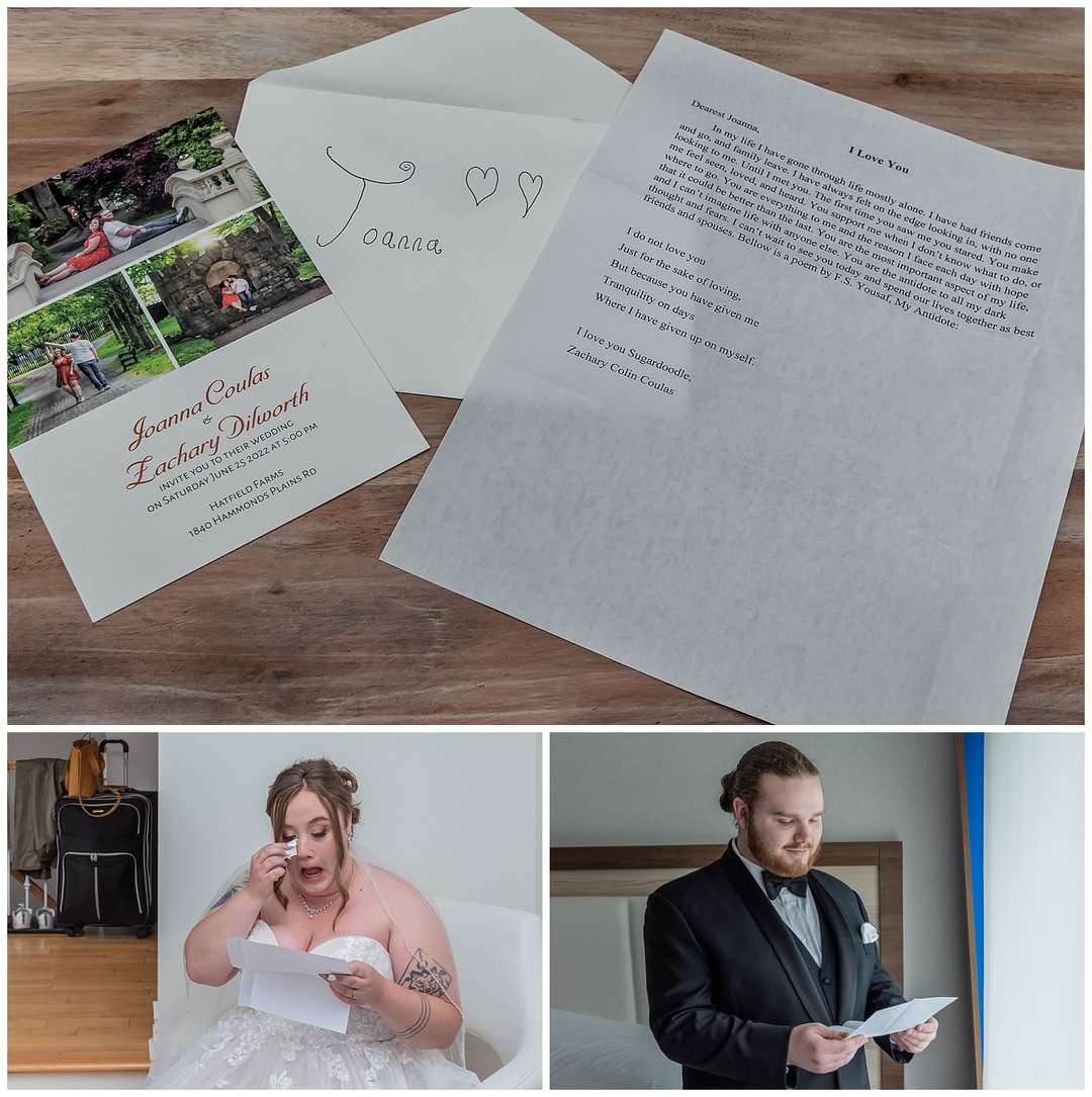 The bride and groom read letters they wrote each other on their wedding day.