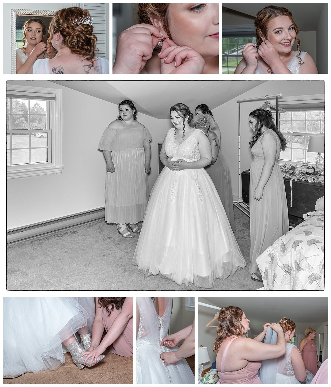The bride gets ready for her wedding day at Healy Farm with her bridemaids.