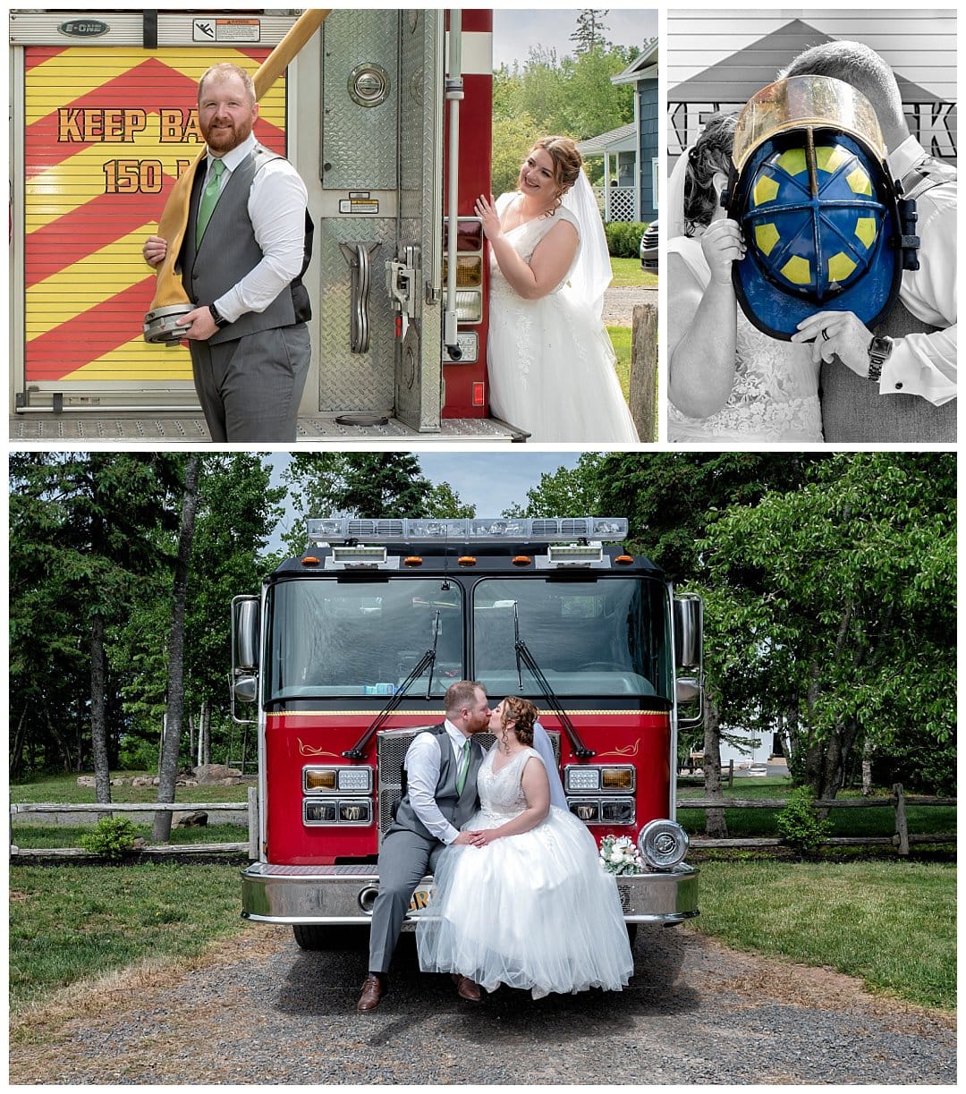 The bride and groom fire fighters take fun wedding photos with the fire truck at Healy Farm in NS.