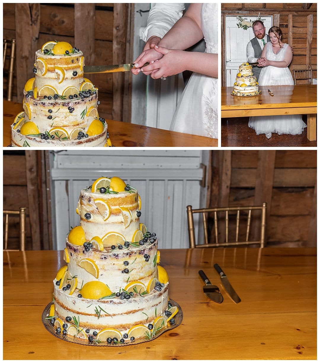 The bride and groom cut the wedding cake during their reception at Healy Farm in NS.
