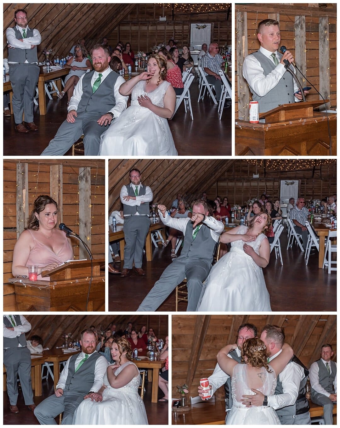 The bride and groom laugh while their guests give wedding speeches at Healy Farm in NS.