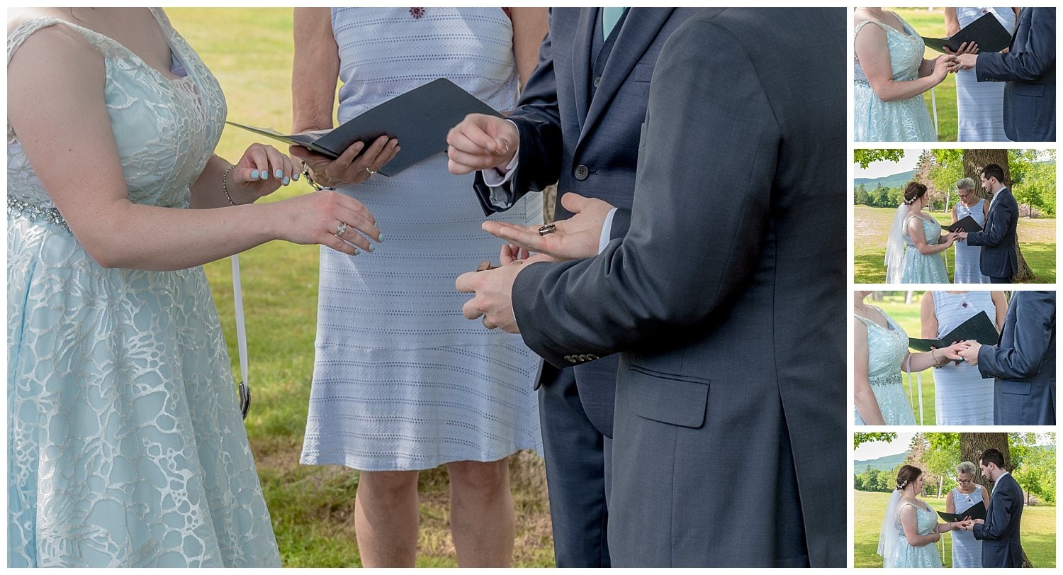 The wedding ring exchange during a golf course outdoor wedding at the Founders House in Annapolis Royal NS.
