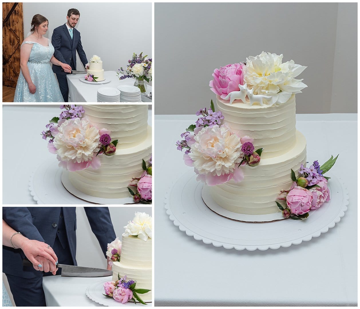 The bride and groom cut their wedding cake during their wedding reception at the Founders House in Annapolis Royal, NS.