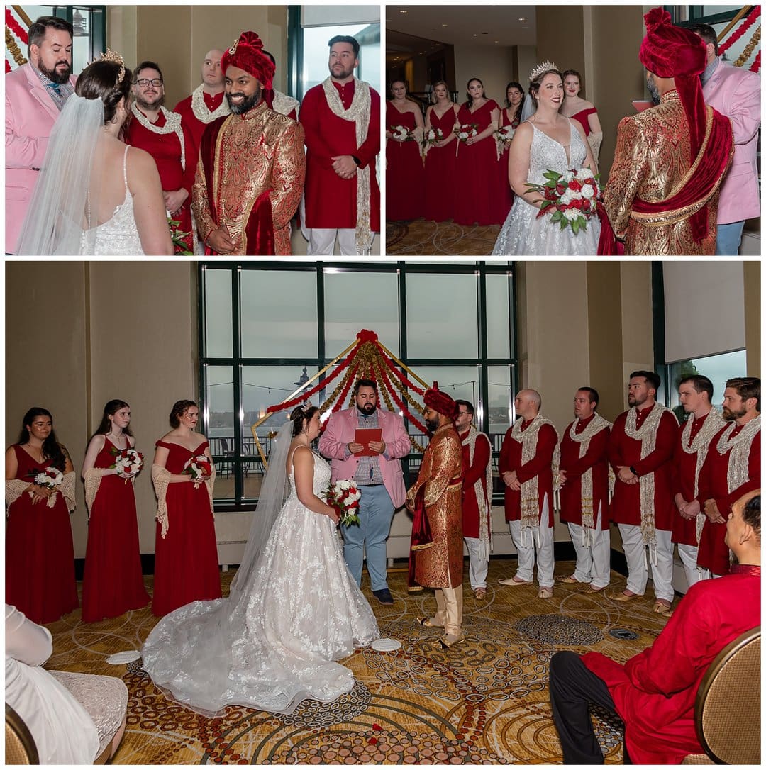 The bride and groom stand before guests during their wedding ceremony at the Halifax Marriott Harbourfront Hotel.