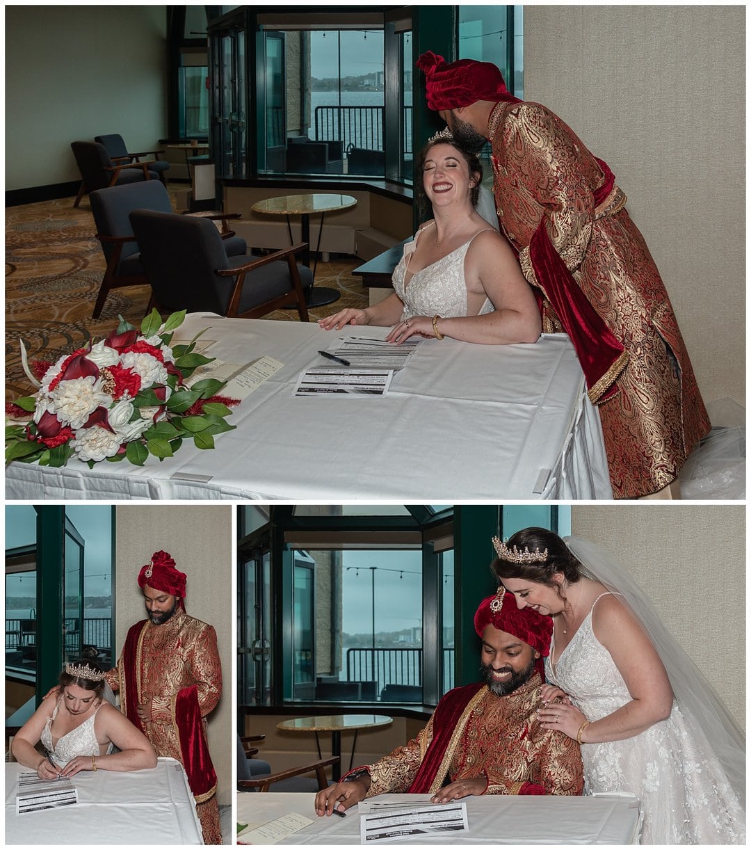 The groom and bride sign the marriage certificate during their wedding ceremony at the Halifax Marriott Harbourfront Hotel.