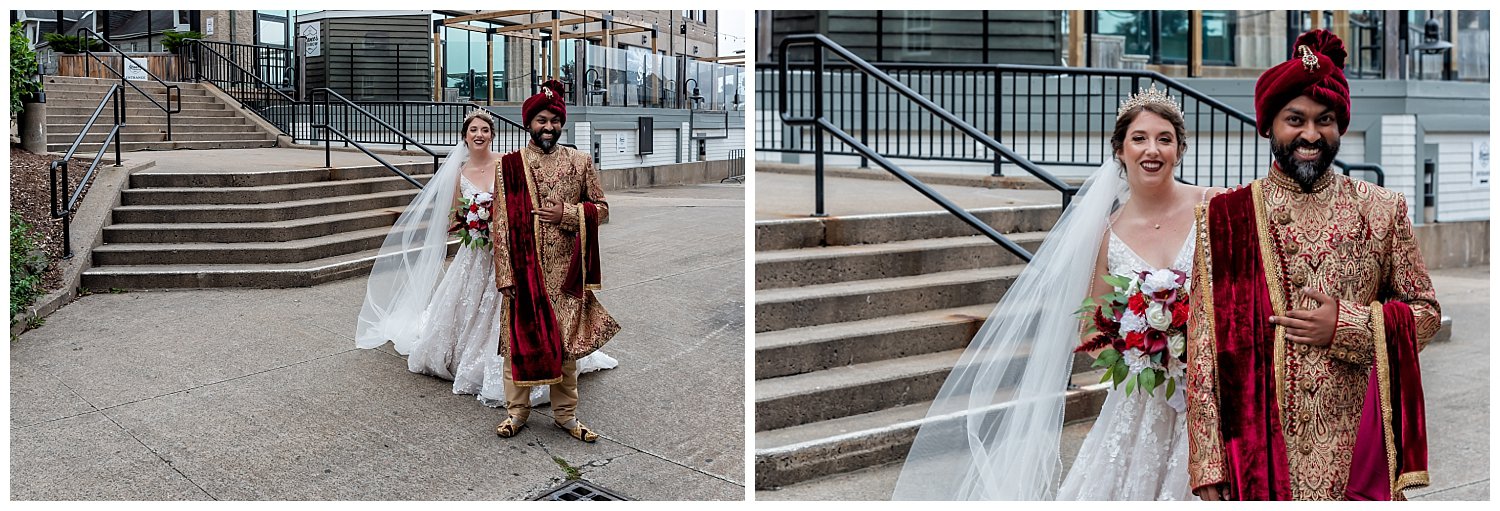 A western bride sneaks up on her Bengali groom for a first look at the Halifax Marriott Harbourfront hotel.