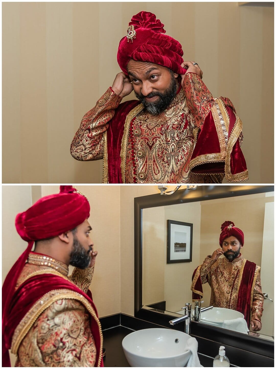 A groom gets ready twisting his moustache in front of a mirror at the Halifax Marriot  Harbourfront hotel.t
