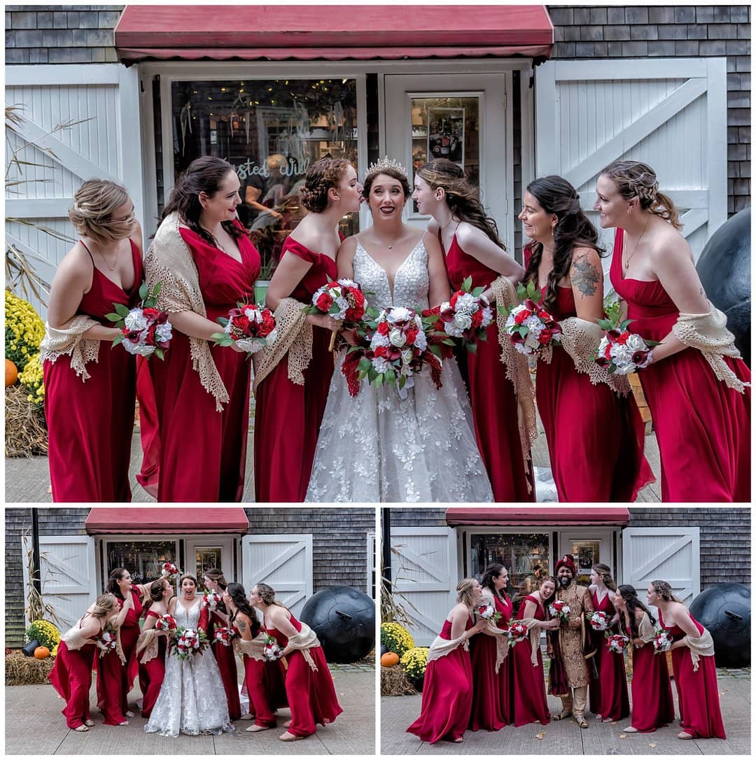 The bride and groom each pose for fun wedding party photos with the bridesmaids in the Halifax Historic Properties. 