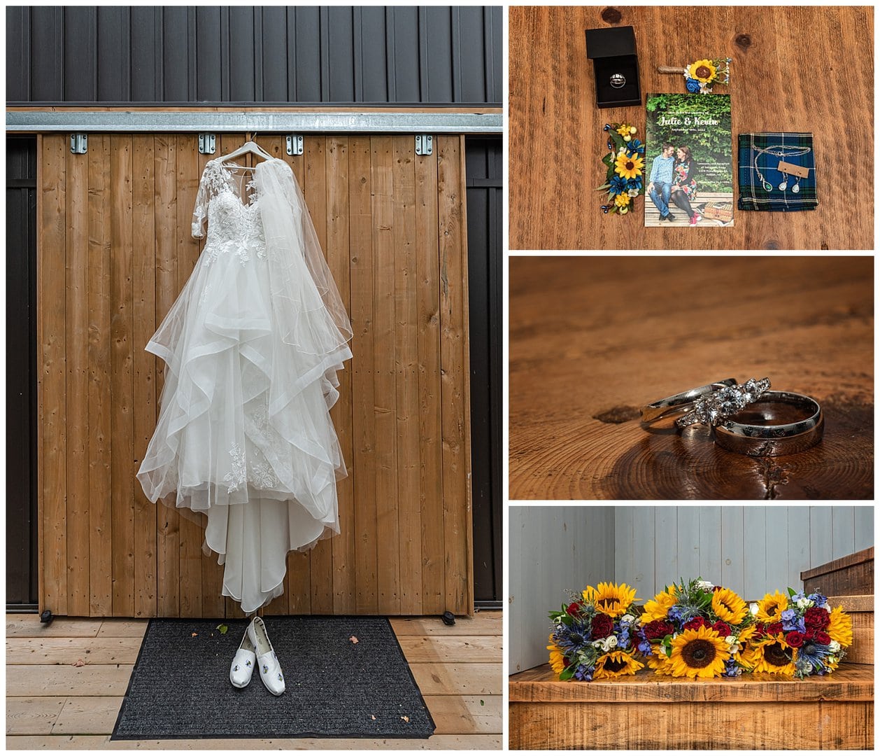 The wedding dress, invitation, sunflower bouquet and rings.
