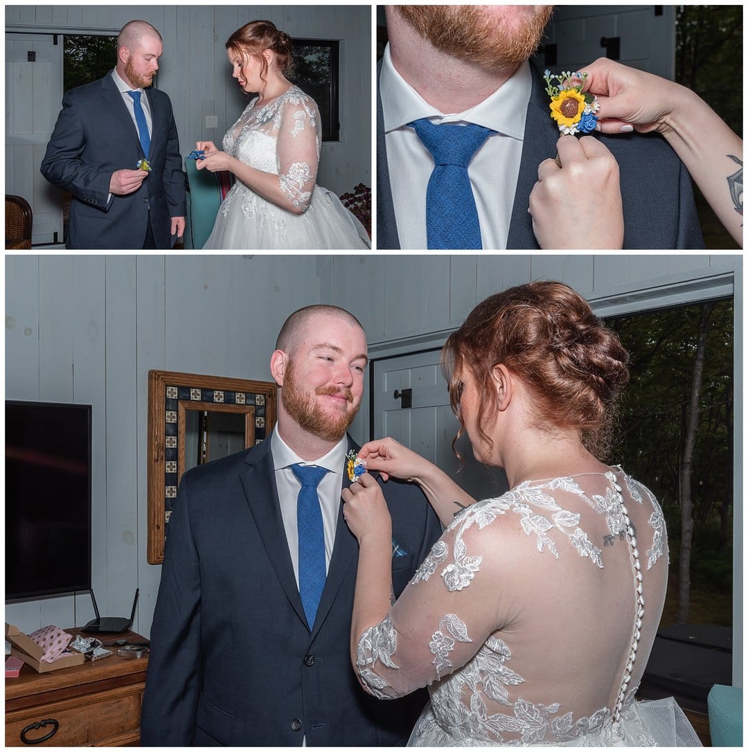 The bride's bestman was her brother, she places his boutonniere on during bridal prep.