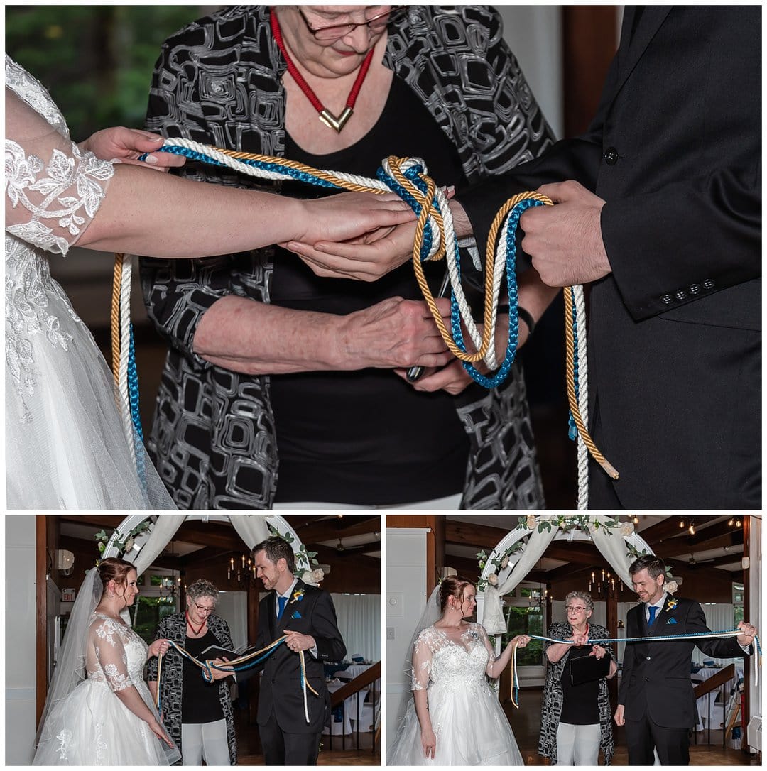 The bride and groom preform a handfasting knot tying ceremony during their wedding at Saraguay House in Halifax, NS.