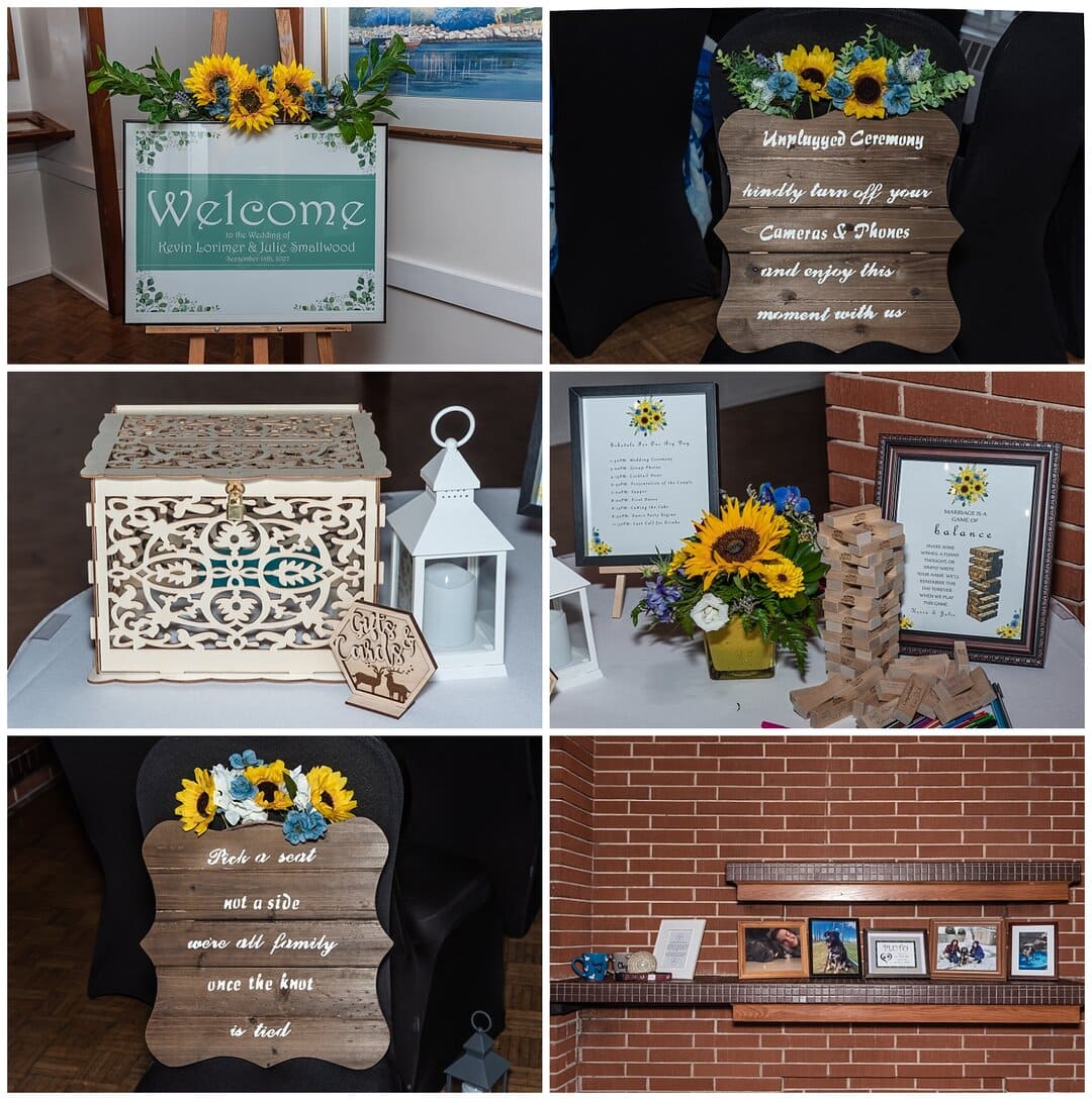 The welcome sign, guest table and other wedding decorations.