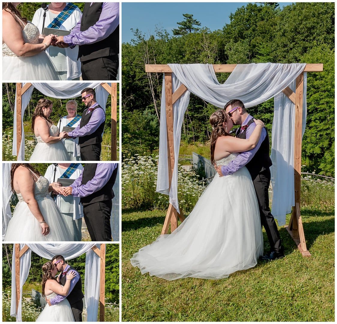 The bride and groom exchange wedding rings and then share their first kiss as husband and wife.