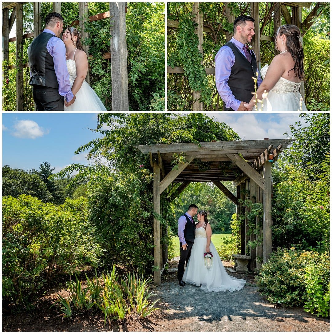 The bride and groom share their first look under a trellis in Lower Sackville's Acadia Park.