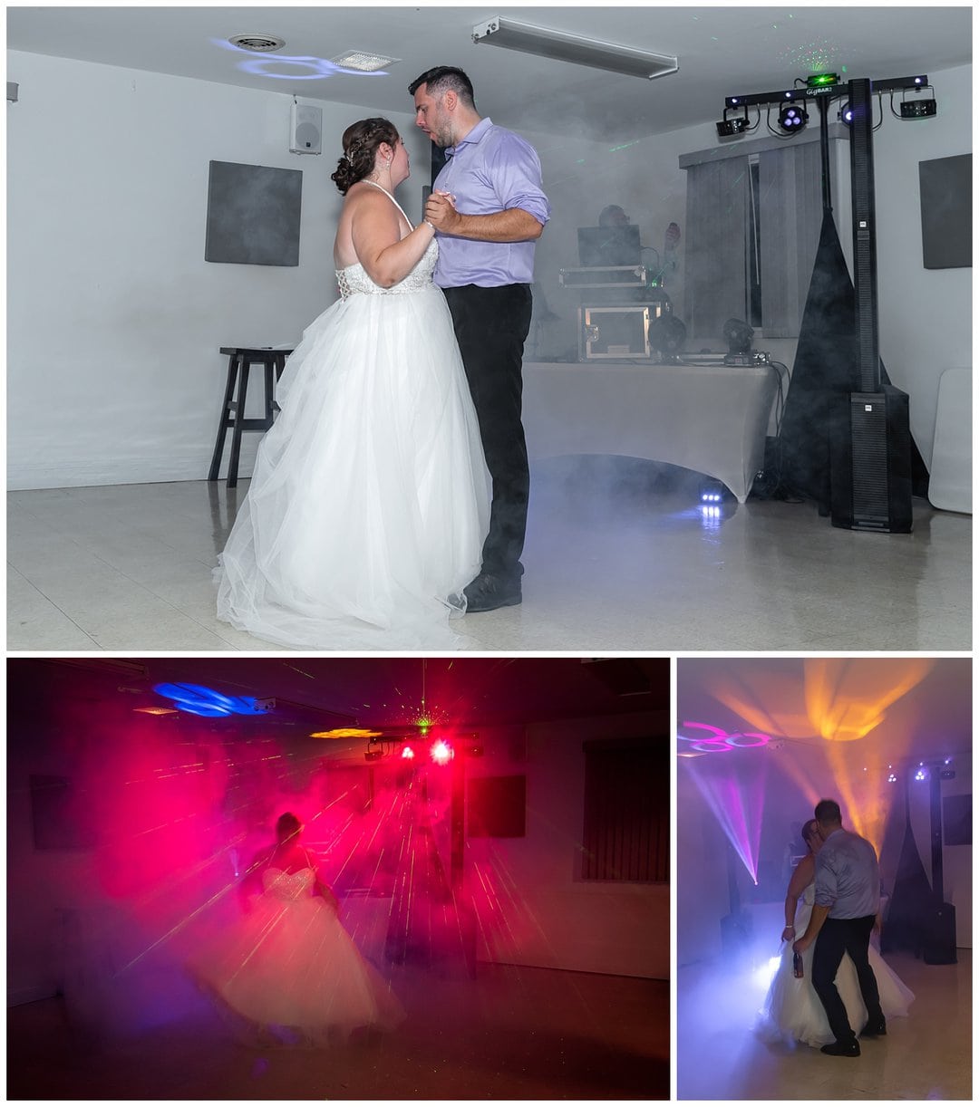 The bride and groom dance together during their wedding reception.