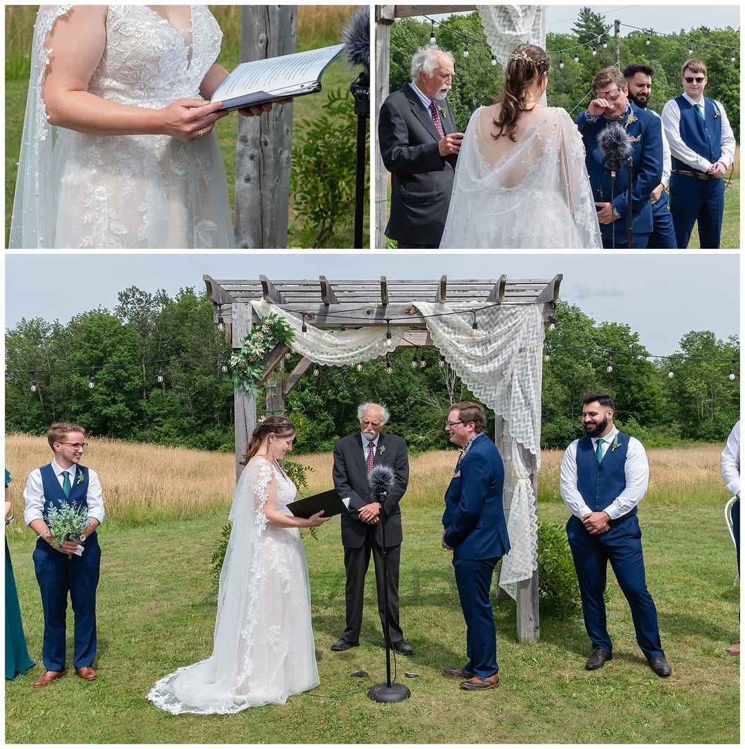 The bride speaks her vows during their wedding ceremony as the groom reacts emotionally.