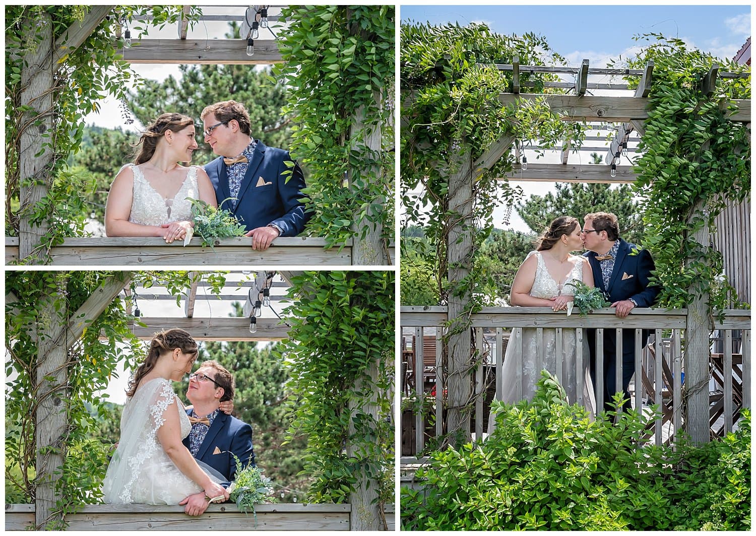 The bride and groom pose for their wedding photos on the balcony at the Barn at Sadie Belle Farm.