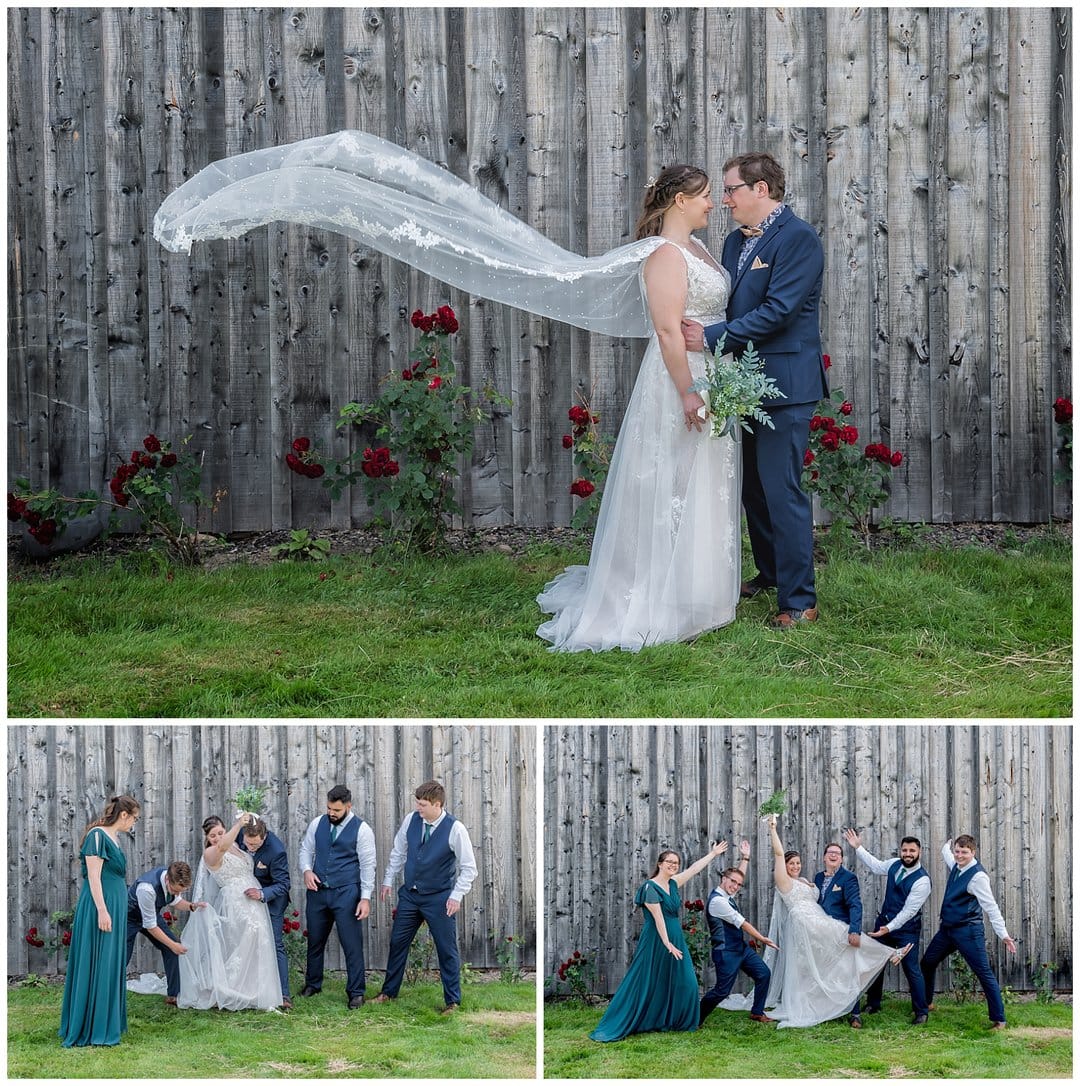 The bride gets attacked by a bug while everyone tries to get it out from under her wedding dress then pose for fun wedding photos at the Barn at Sadie Belle Farm.