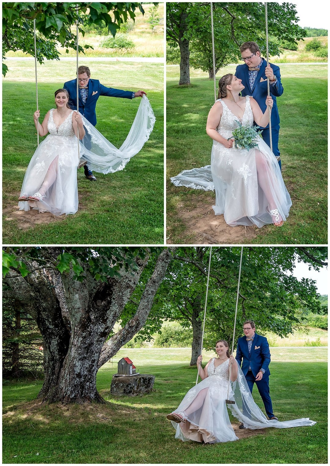 The bride and groom play on a swing during their wedding photos at the Barn at Sadie Belle Farm in Hantsport NS.