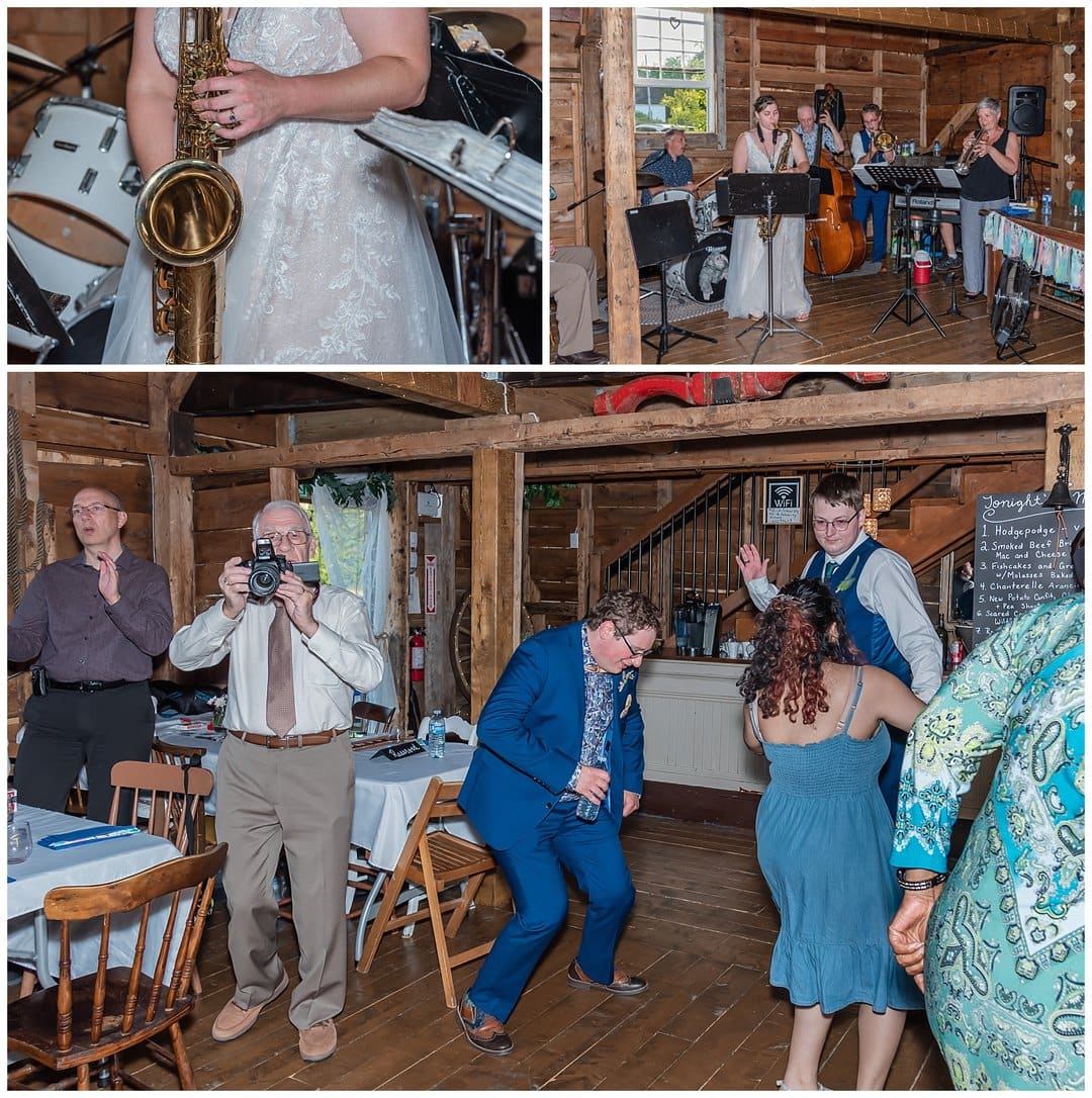 The bride plays the saxaphone with the band at her wedding reception.