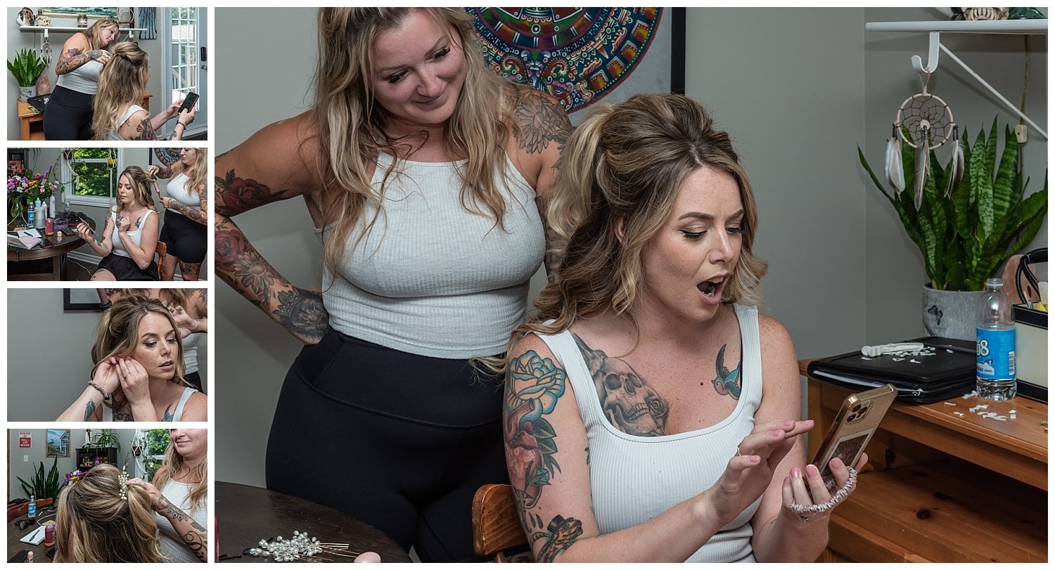 The bride is shocked at how stunning her hair and makeup are once bridal prep has finished.