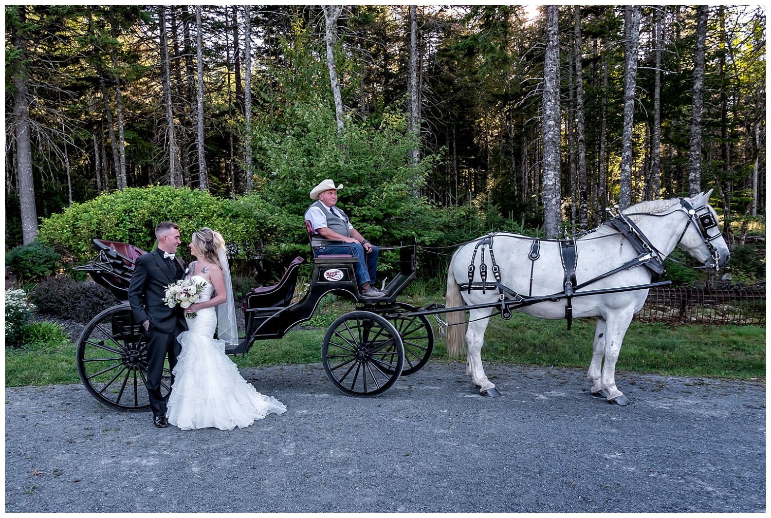 The bride and groom stick their tongues out at each other during wedding photos with the horse and carriage at Hatfield Farm.