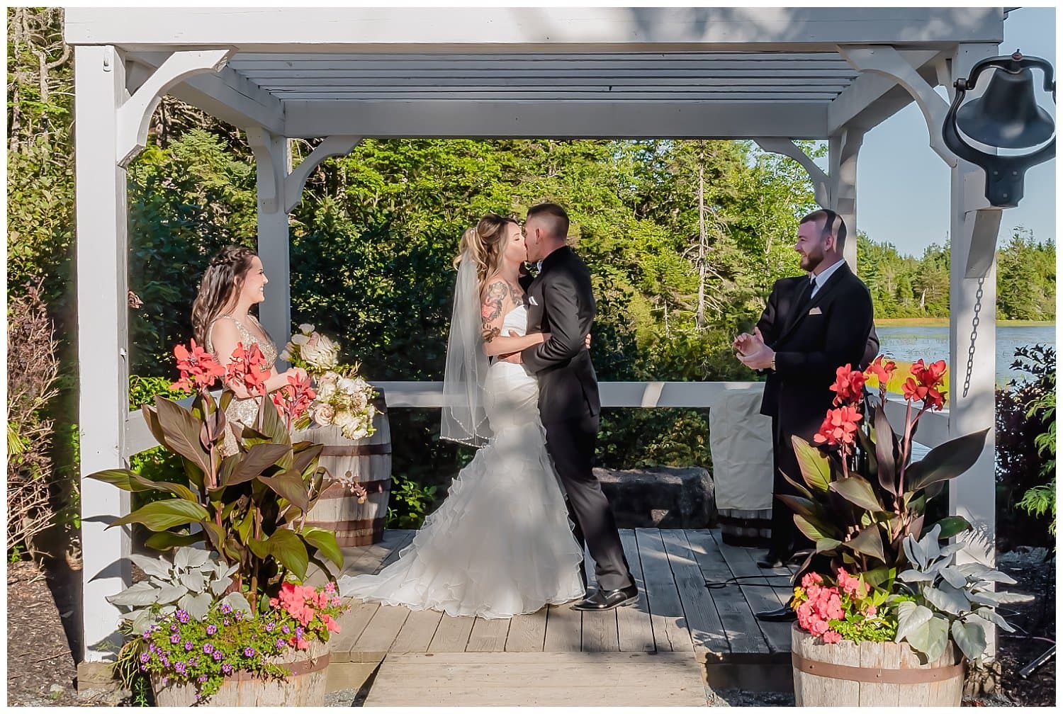 They share their first kiss during the wedding ceremony at Hatfield Farm in Halifax.