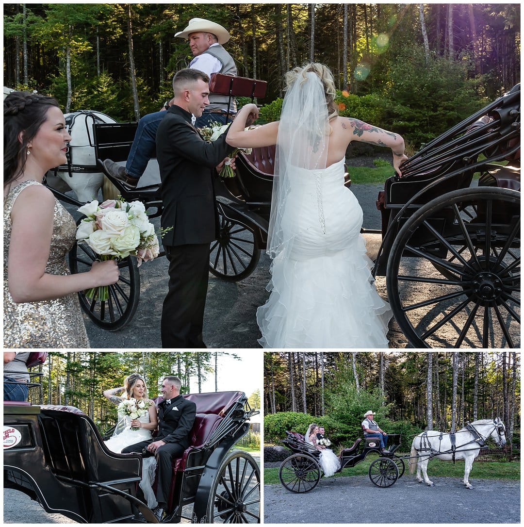 The bride and groom board their wedding day carriage after the wedding ceremony at Hatfield Farm.