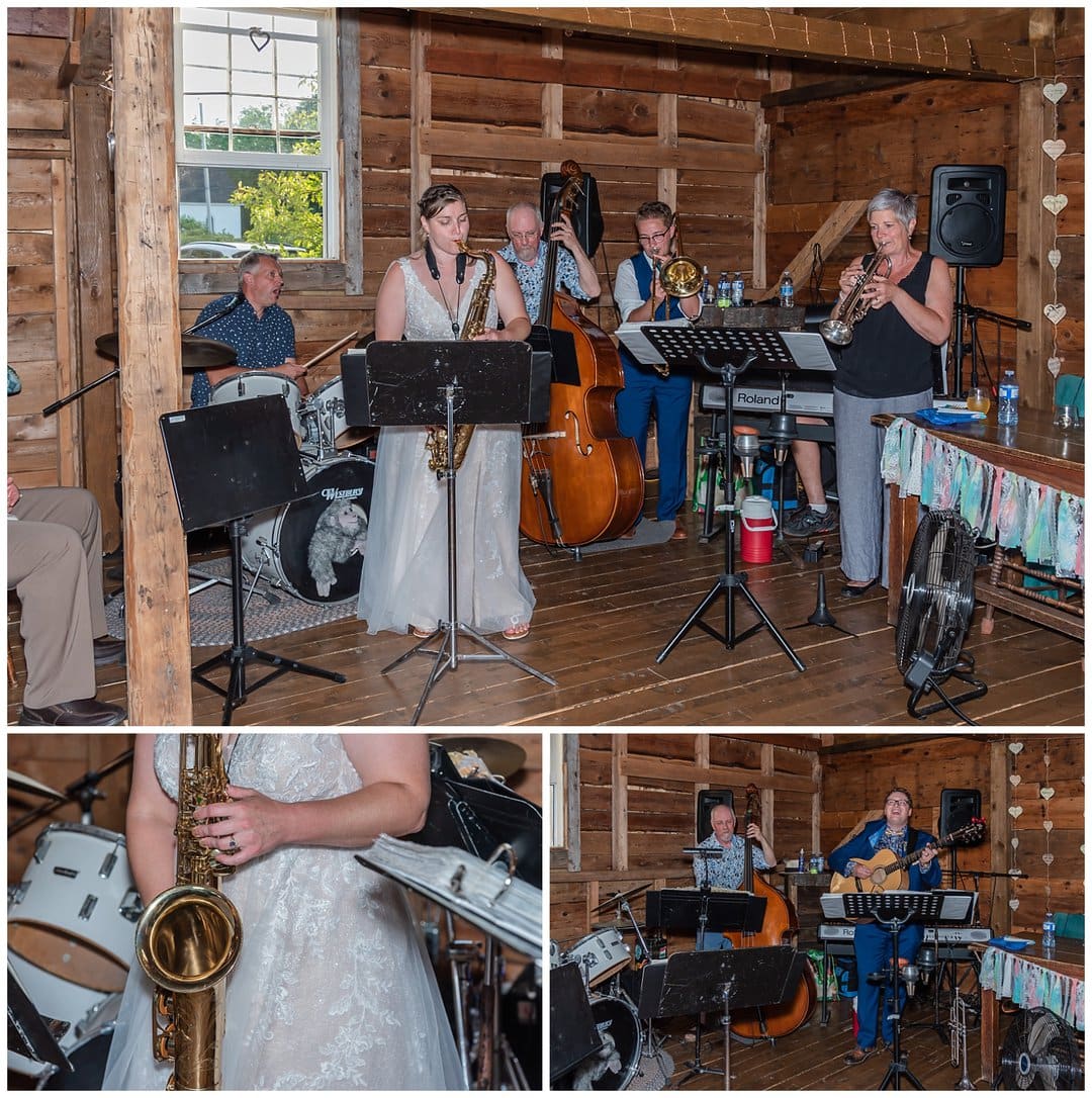 The bride and groom play the sax and the guitar with their live wedding band during their reception at the Barn at Sadie Belle Farm.