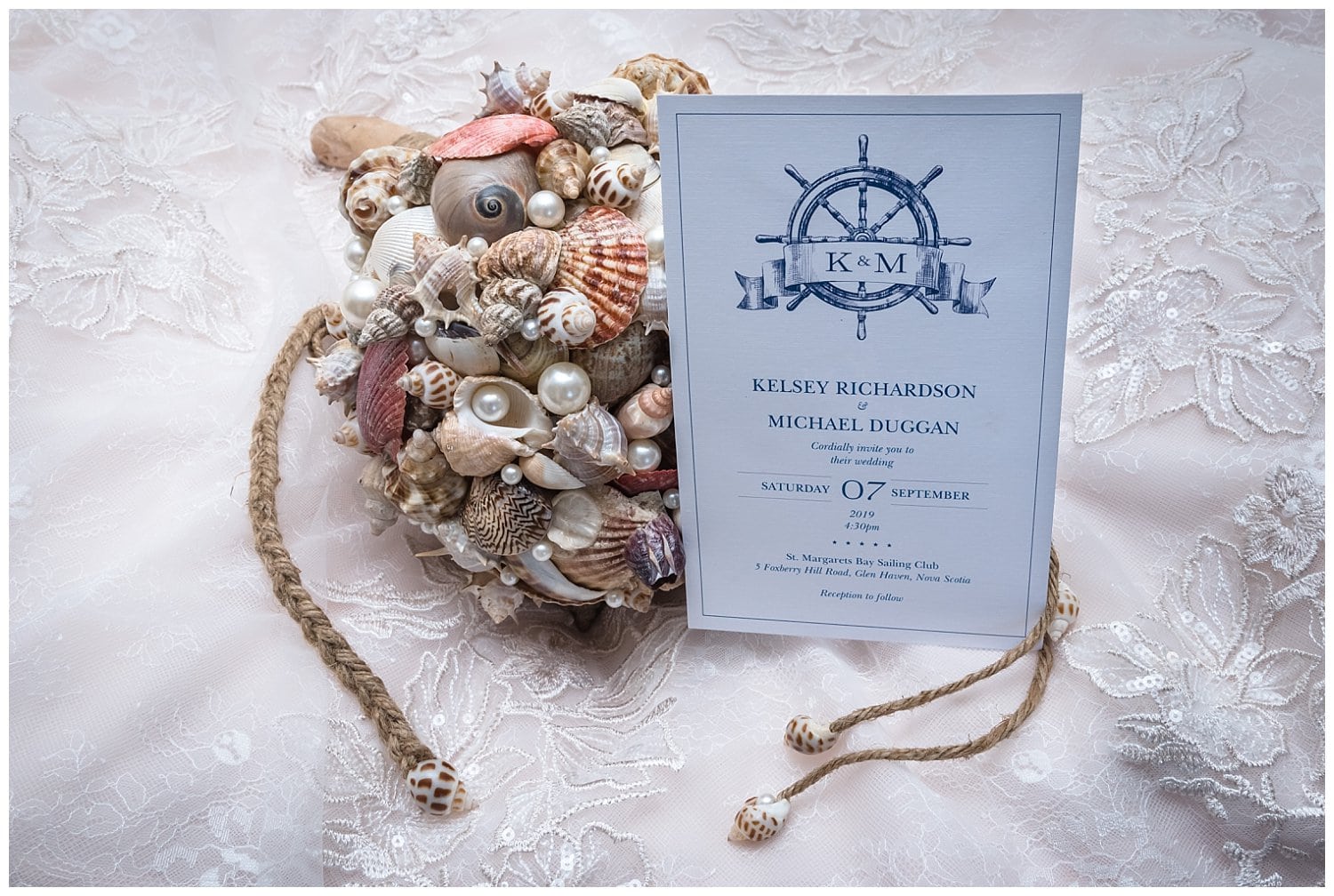 A nautical style wedding invitation for a wedding day on the ocean at Peggys Cove.