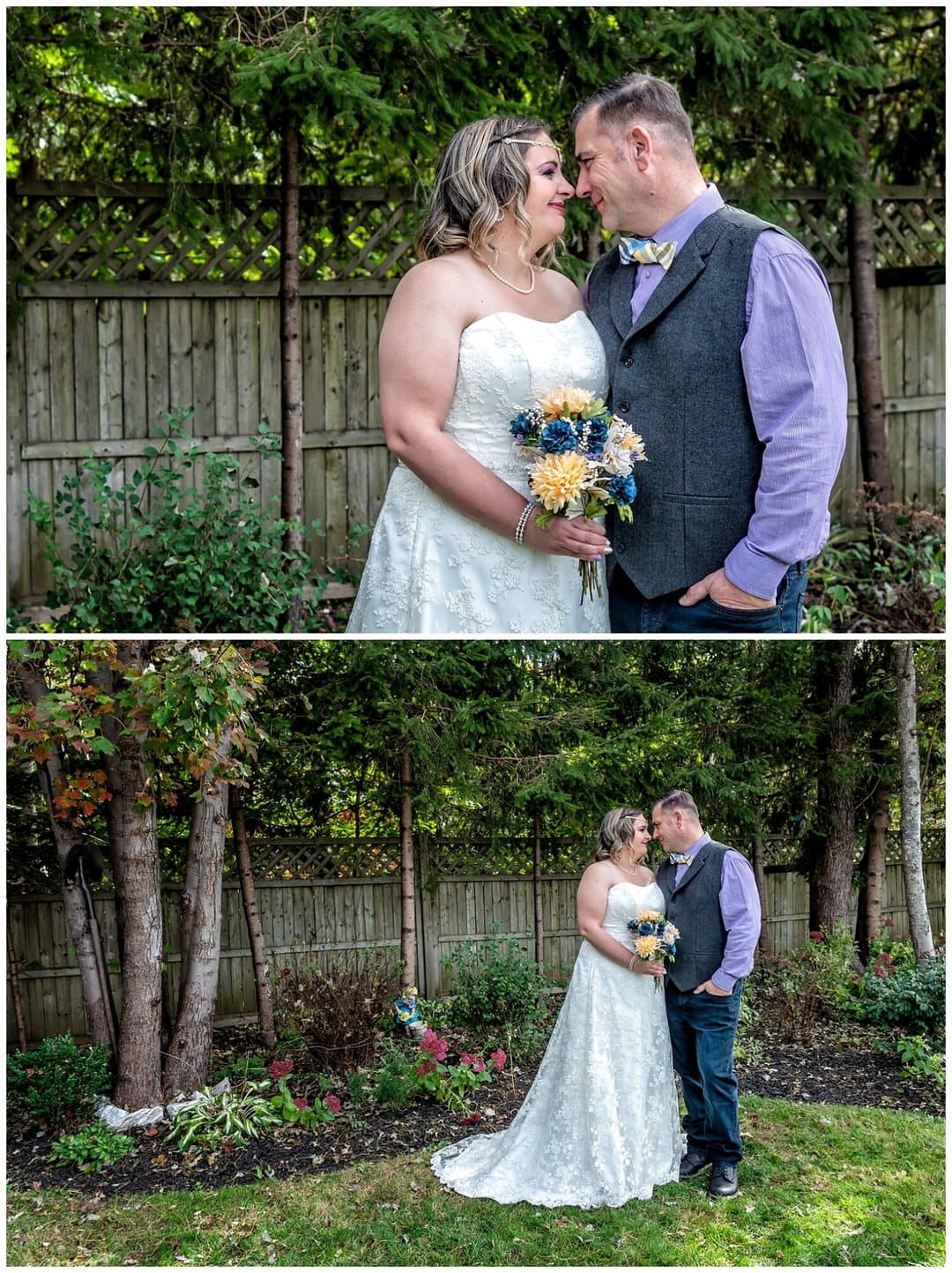 The bride and groom pose in a beautiful garden for their wedding photos after their elopement garden backyard wedding in Dartmouth NS
