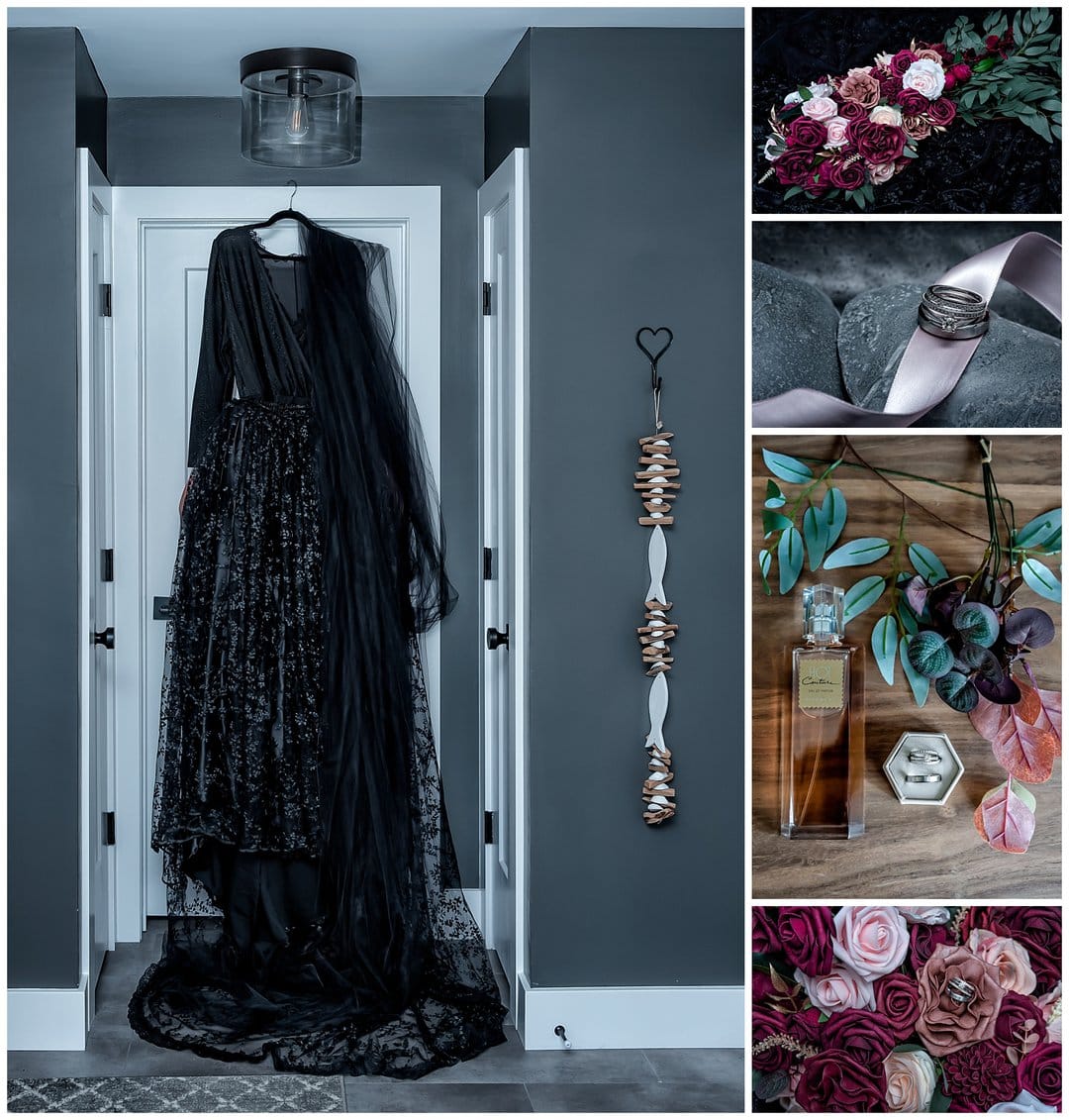 The bride's black wedding dress, perfume, wedding rings and bouquet.