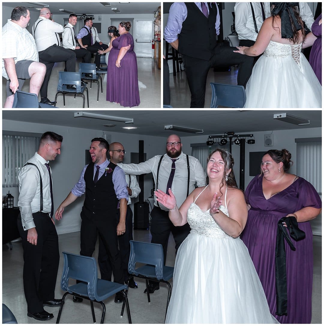 The bride is blind folded while the groom and his groomsmen line up with legs on chairs the bride then touches each knee to try and figure out which one belongs to her groom.