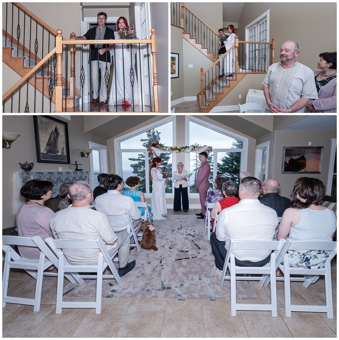 A beautiful oceanfront Airbnb wedding ceremony in a cozy living room overlooking the ocean in NS.