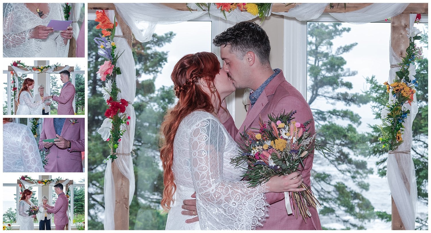 The bride and groom share personal wedding vows during their oceanview wedding in an Airbnb in Bear Cove NS then share their first kiss together.