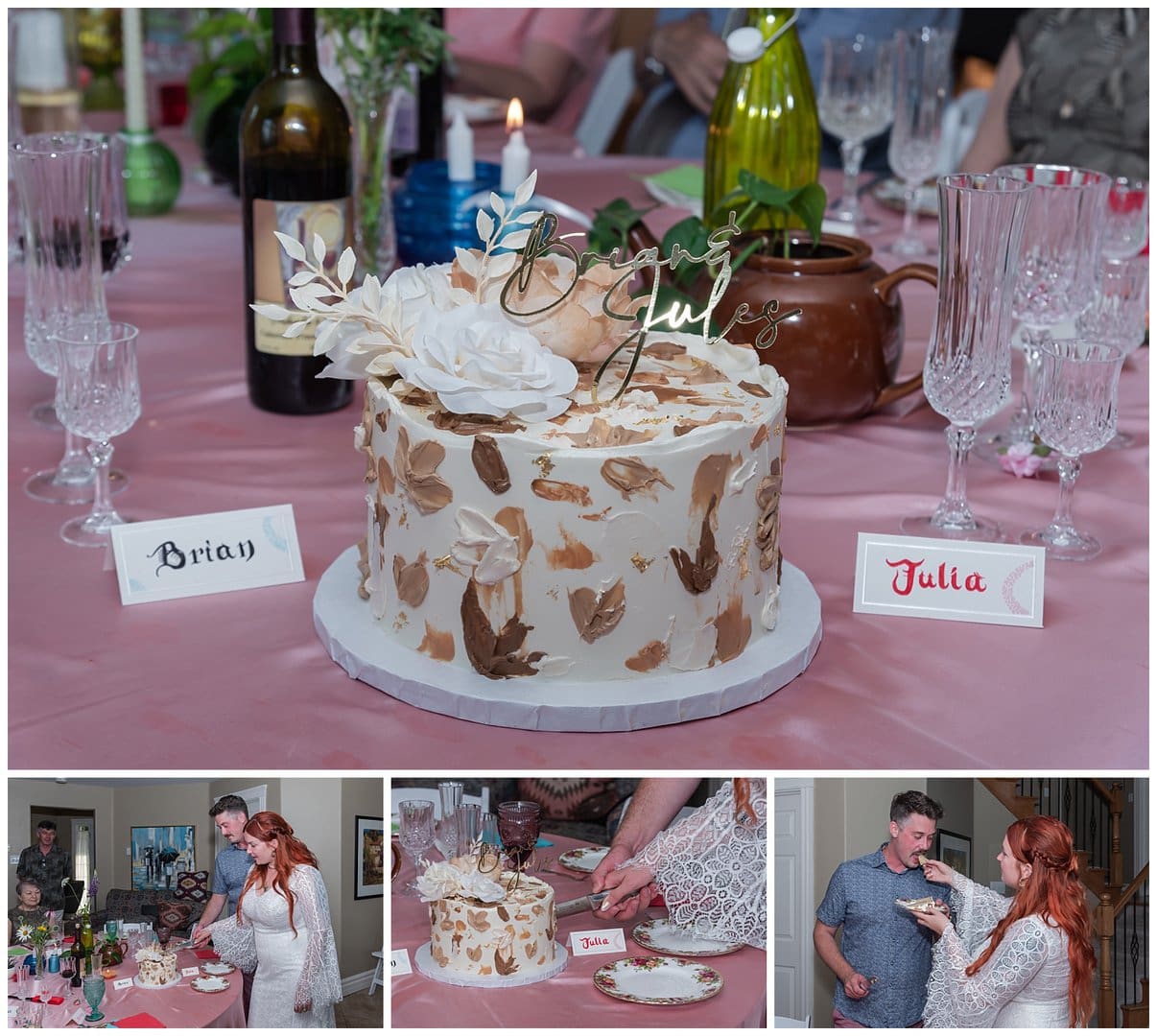 The bride and groom cut their cake during their Aidbnb wedding in Bear Cove NS and then feed each other cake.