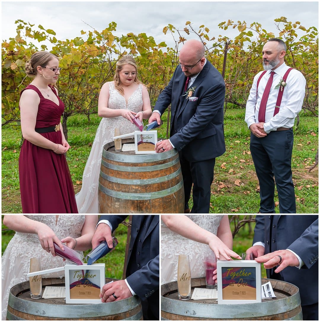 The bride and groom perform the sand ceremony during their wedding at Bent Ridge Winery in NS.