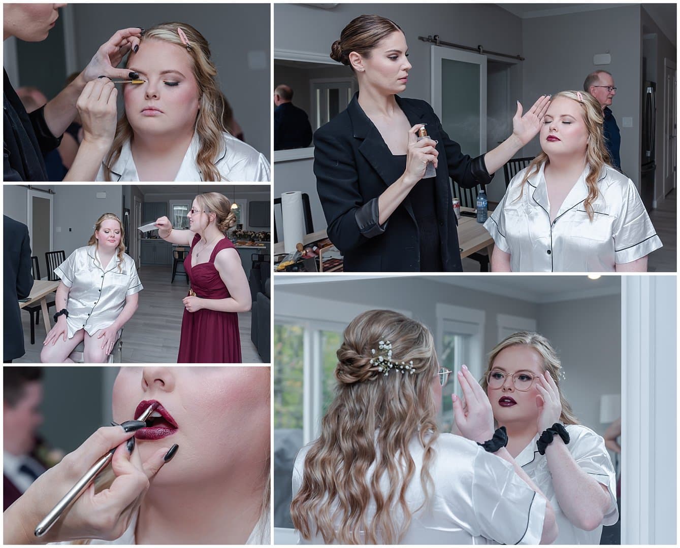 The bride has her makeup put in place while getting ready for her wedding day.