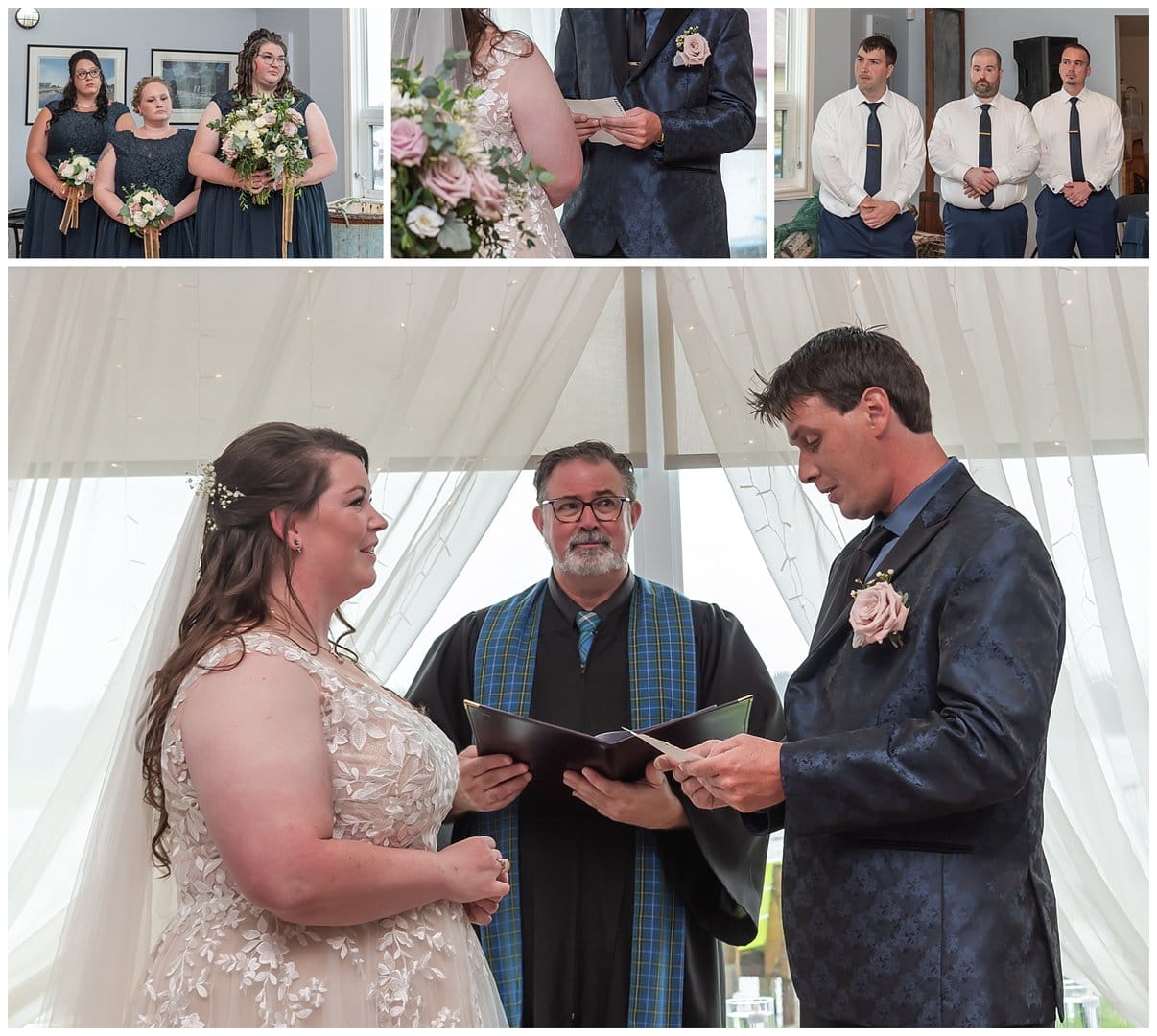 The groom reads his vows to his bride during their wedding ceremony at Fishermans Cove in Eastern Passage NS.