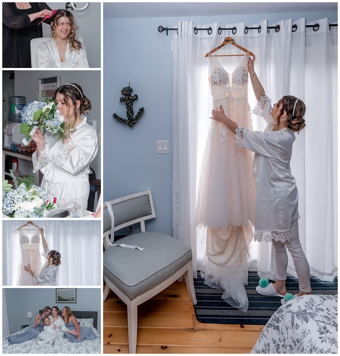The bride reaches for her wedding dress during bridal prep in an Airbnb in Mt Uniacke NS.