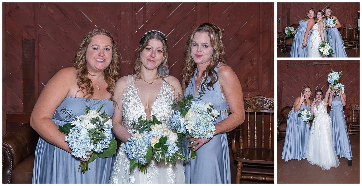 The bride and her bridesmaids pose for wedding photos in the barn at Hatfield Farm in NS.