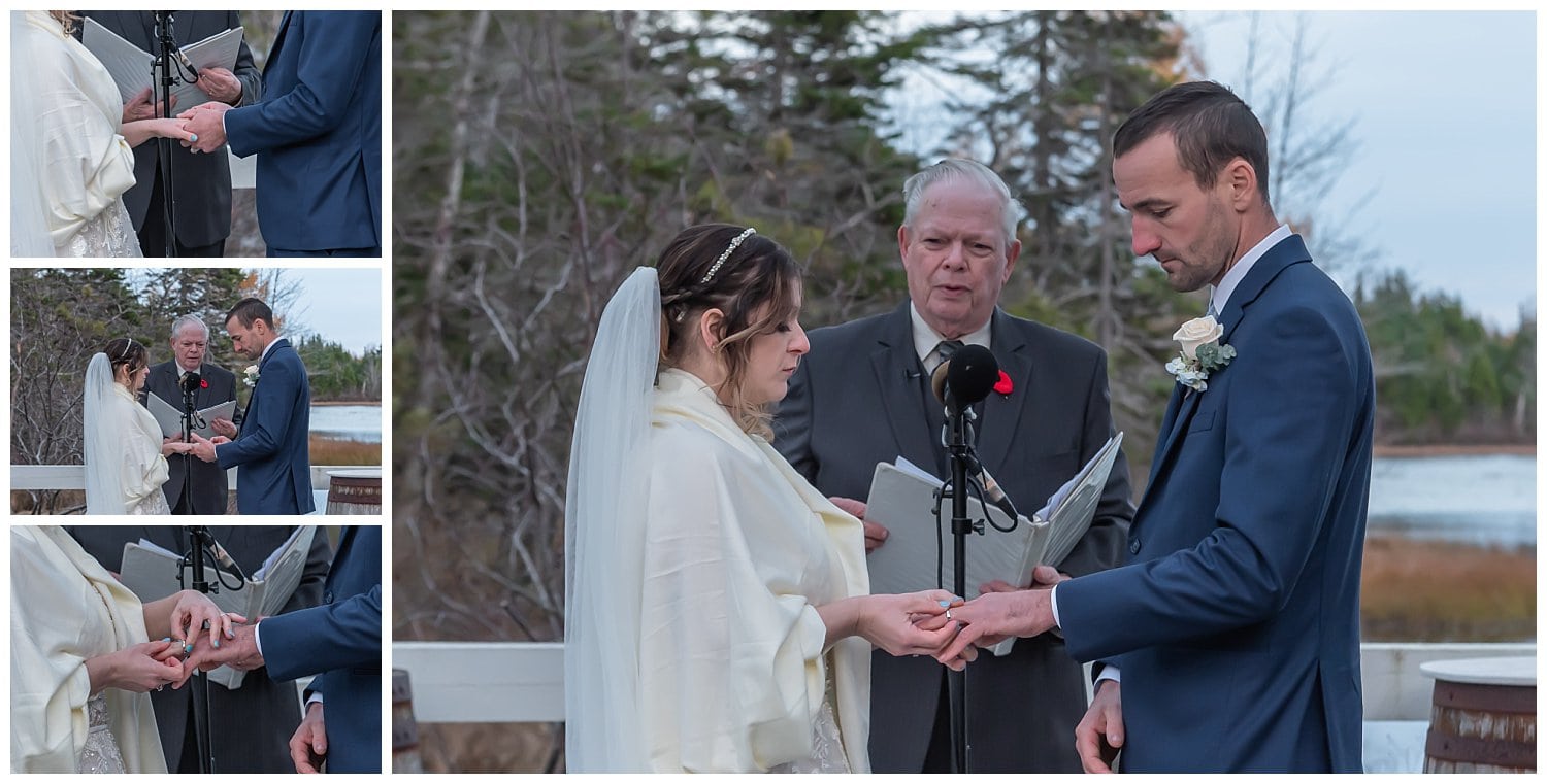 The bride and groom exchange their wedding rings together during their wedding ceremony at Hatfield Farm in NS,