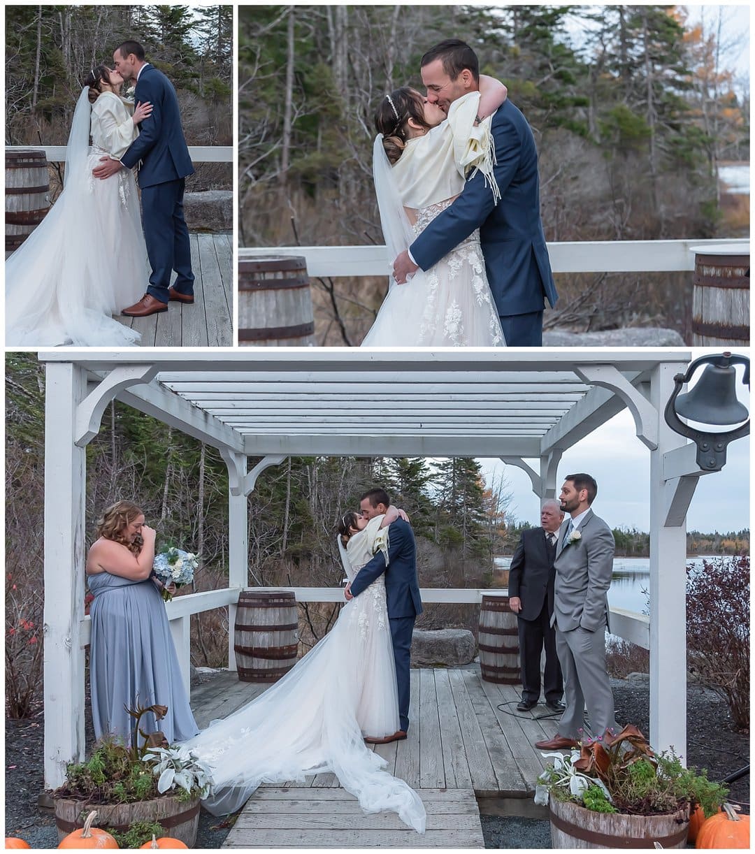 The bride and groom share their first kiss as husband and wife during their wedding ceremony at Hatfield Farm in NS.